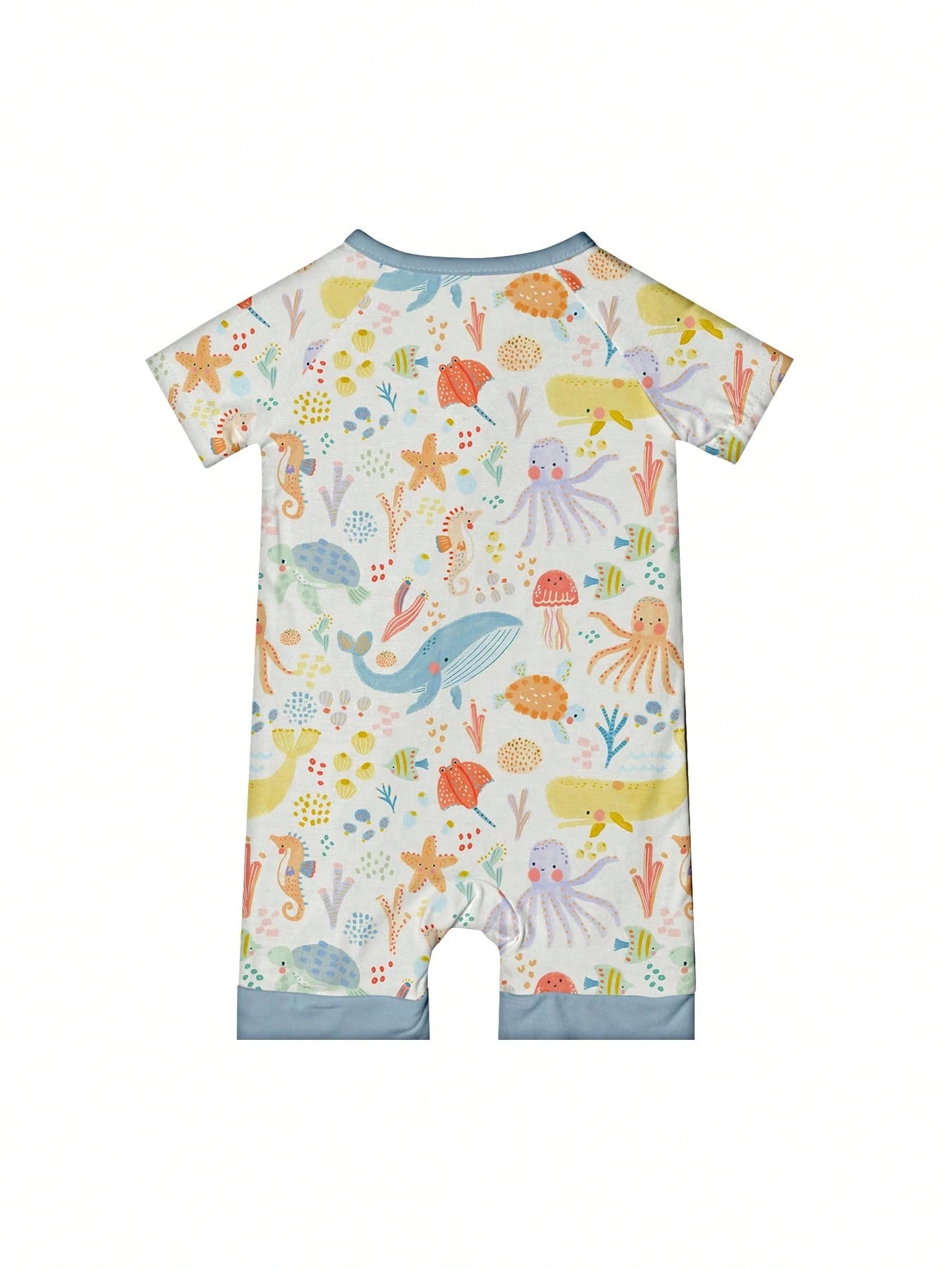 VISIKIDS Baby Bamboo Viscose Ocean Creature Print Short Sleeve 2-Way Zip Up Romper, One Piece Outfit For Newborn Infants 0-24M, Blue