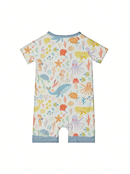VISIKIDS Baby Bamboo Viscose Ocean Creature Print Short Sleeve 2-Way Zip Up Romper, One Piece Outfit For Newborn Infants 0-24M, Blue