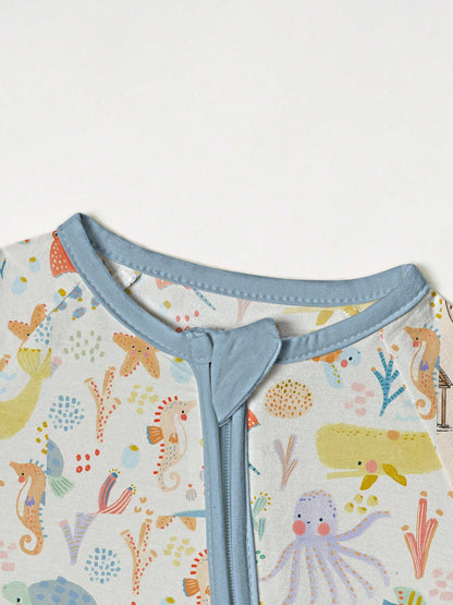 VISIKIDS Baby Bamboo Viscose Ocean Creature Print Short Sleeve 2-Way Zip Up Romper, One Piece Outfit For Newborn Infants 0-24M, Blue