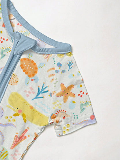 VISIKIDS Baby Bamboo Viscose Ocean Creature Print Short Sleeve 2-Way Zip Up Romper, One Piece Outfit For Newborn Infants 0-24M, Blue