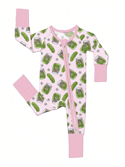 VISIKIDS Baby Bamboo Viscose Pickle Jar Print Long Sleeve 2-Way Zip Up Romper, One Piece Outfit For Newborn Infants 0-24M, Pink