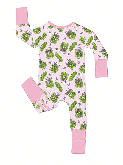 VISIKIDS Baby Bamboo Viscose Pickle Jar Print Long Sleeve 2-Way Zip Up Romper, One Piece Outfit For Newborn Infants 0-24M, Pink