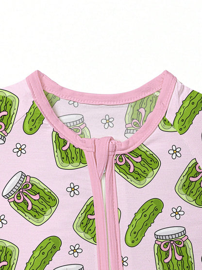 VISIKIDS Baby Bamboo Viscose Pickle Jar Print Long Sleeve 2-Way Zip Up Romper, One Piece Outfit For Newborn Infants 0-24M, Pink