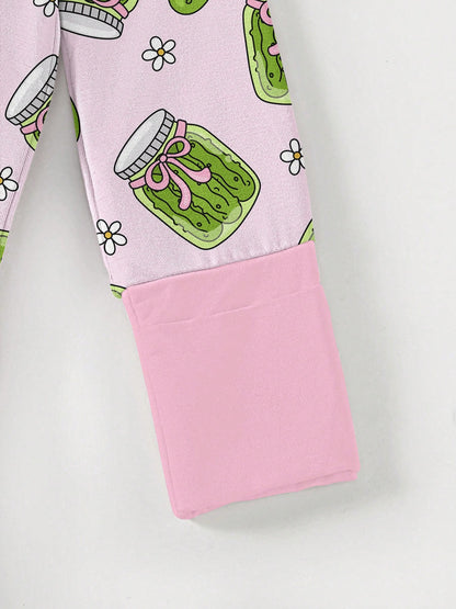 VISIKIDS Baby Bamboo Viscose Pickle Jar Print Long Sleeve 2-Way Zip Up Romper, One Piece Outfit For Newborn Infants 0-24M, Pink