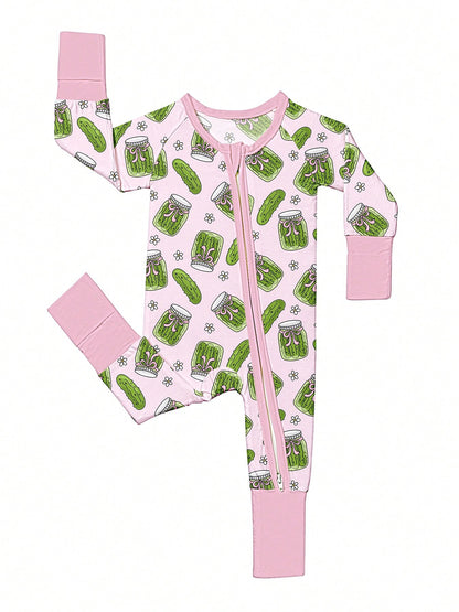 VISIKIDS Baby Bamboo Viscose Pickle Jar Print Long Sleeve 2-Way Zip Up Romper, One Piece Outfit For Newborn Infants 0-24M, Pink