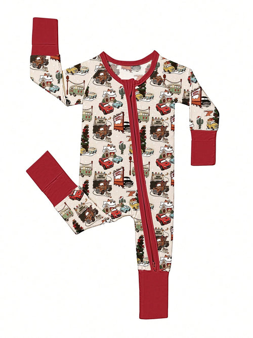 VISIKIDS Baby Bamboo Viscose Vintage Christmas Truck Town Print Long Sleeve 2-Way Zip Up Romper, One Piece Daily Casual Outfit For Newborn Infants 0-24M
