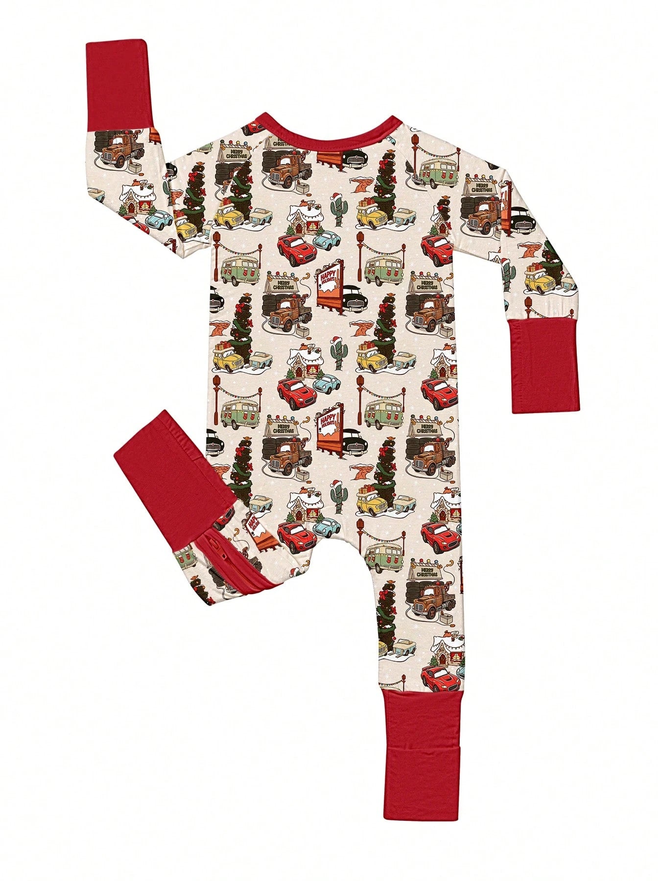 VISIKIDS Baby Bamboo Viscose Vintage Christmas Truck Town Print Long Sleeve 2-Way Zip Up Romper, One Piece Daily Casual Outfit For Newborn Infants 0-24M