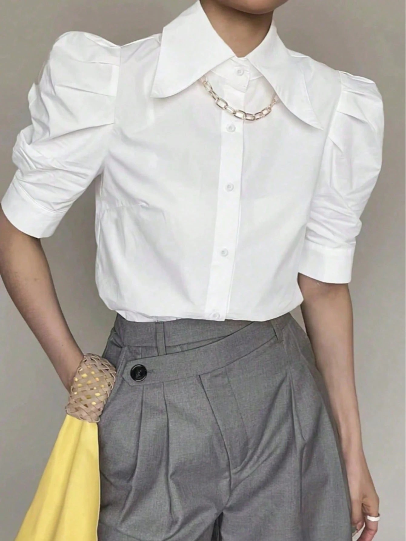 Voworia Plus Size Women Princess Sleeve Turndown Collar Casual Short Sleeve Shirt