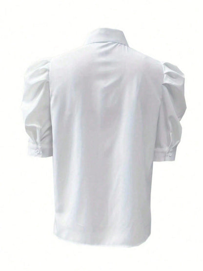 Voworia Plus Size Women Princess Sleeve Turndown Collar Casual Short Sleeve Shirt