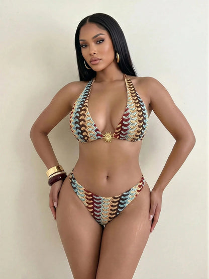 Voyashape 2-Piece Set Spring/Summer Vacation Colorful Baseball Print Special Fabric Halter Bikini Top And High-Cut Swim Bottom Sexy Bikini Swimsuit Set For Women