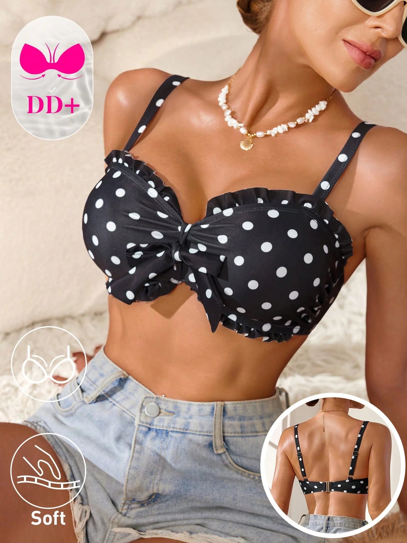 Voyashape Women's Black And White Polka Dot Bikini Swimsuit Top, Vintage Cute Ruffle Bow Tie Decor Summer Beach Party Holiday, Elegant Y2K Pool Party