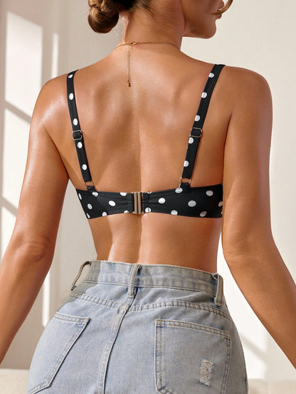 Voyashape Women's Black And White Polka Dot Bikini Swimsuit Top, Vintage Cute Ruffle Bow Tie Decor Summer Beach Party Holiday, Elegant Y2K Pool Party