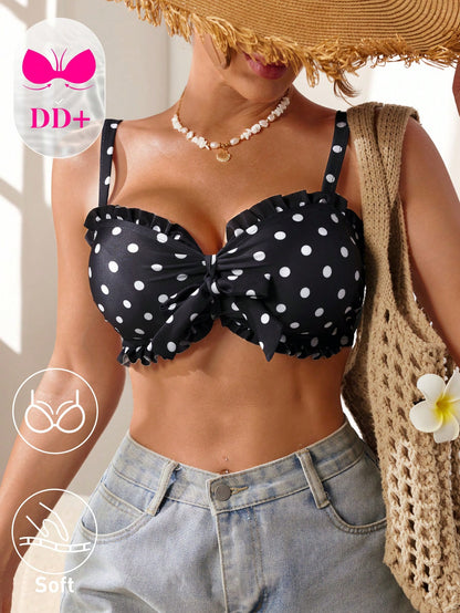 Voyashape Women's Black And White Polka Dot Bikini Swimsuit Top, Vintage Cute Ruffle Bow Tie Decor Summer Beach Party Holiday, Elegant Y2K Pool Party