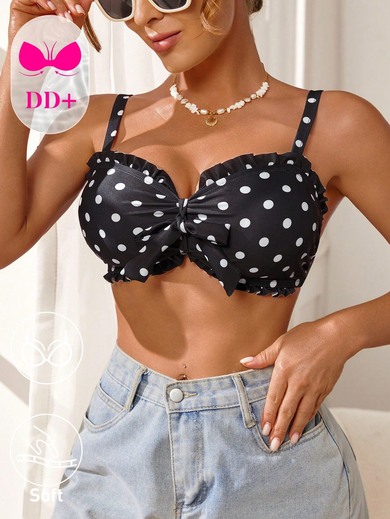 Voyashape Women's Black And White Polka Dot Bikini Swimsuit Top, Vintage Cute Ruffle Bow Tie Decor Summer Beach Party Holiday, Elegant Y2K Pool Party