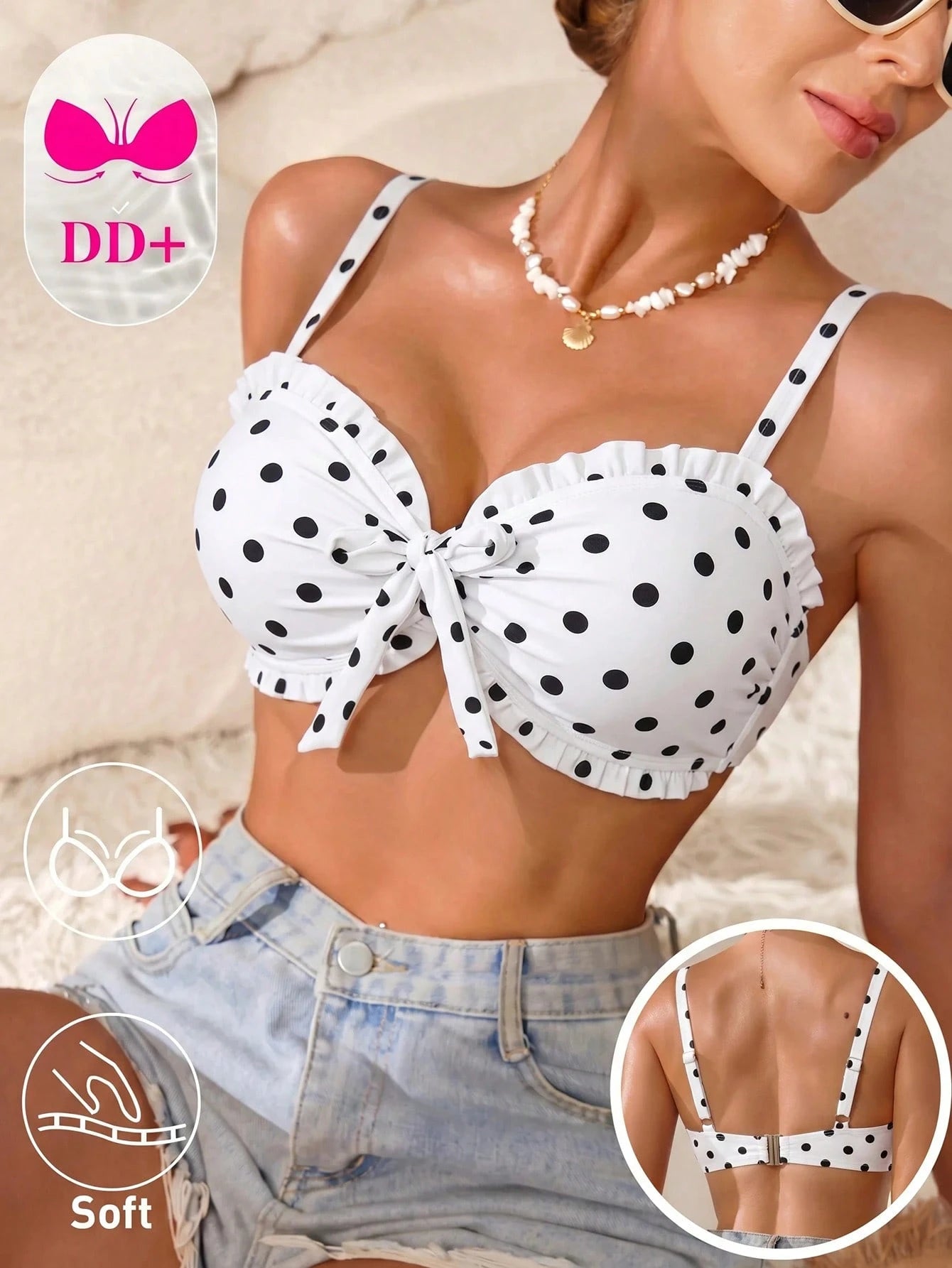 Voyashape Women's Black And White Polka Dot Bikini Swimsuit Top, Vintage Cute Ruffle Bow Tie Decor Summer Beach Party Holiday, Elegant Y2K Pool Party