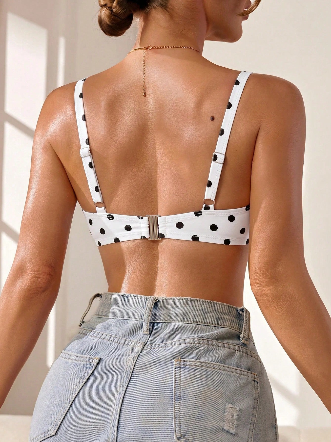 Voyashape Women's Black And White Polka Dot Bikini Swimsuit Top, Vintage Cute Ruffle Bow Tie Decor Summer Beach Party Holiday, Elegant Y2K Pool Party
