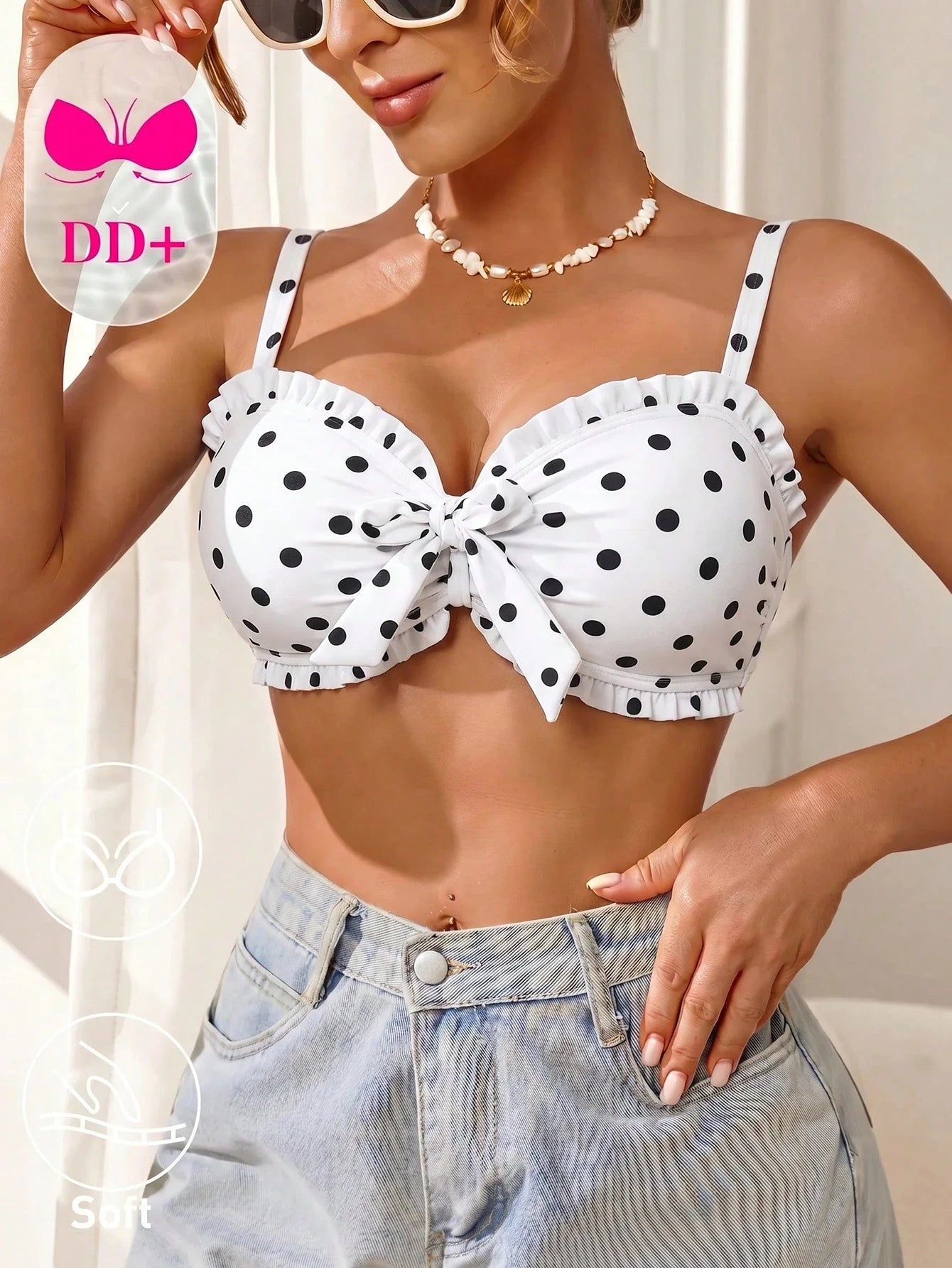 Voyashape Women's Black And White Polka Dot Bikini Swimsuit Top, Vintage Cute Ruffle Bow Tie Decor Summer Beach Party Holiday, Elegant Y2K Pool Party