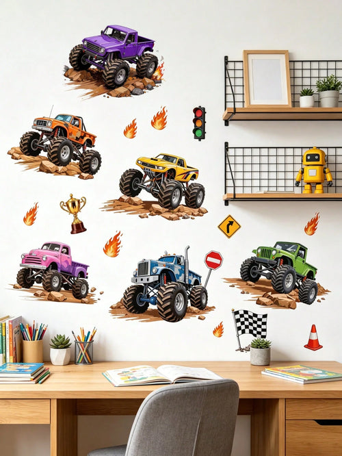 Wall Decals With Monster Trucks In Watercolor, Pink And Purple, Stickers For Boys' Toddler Rooms