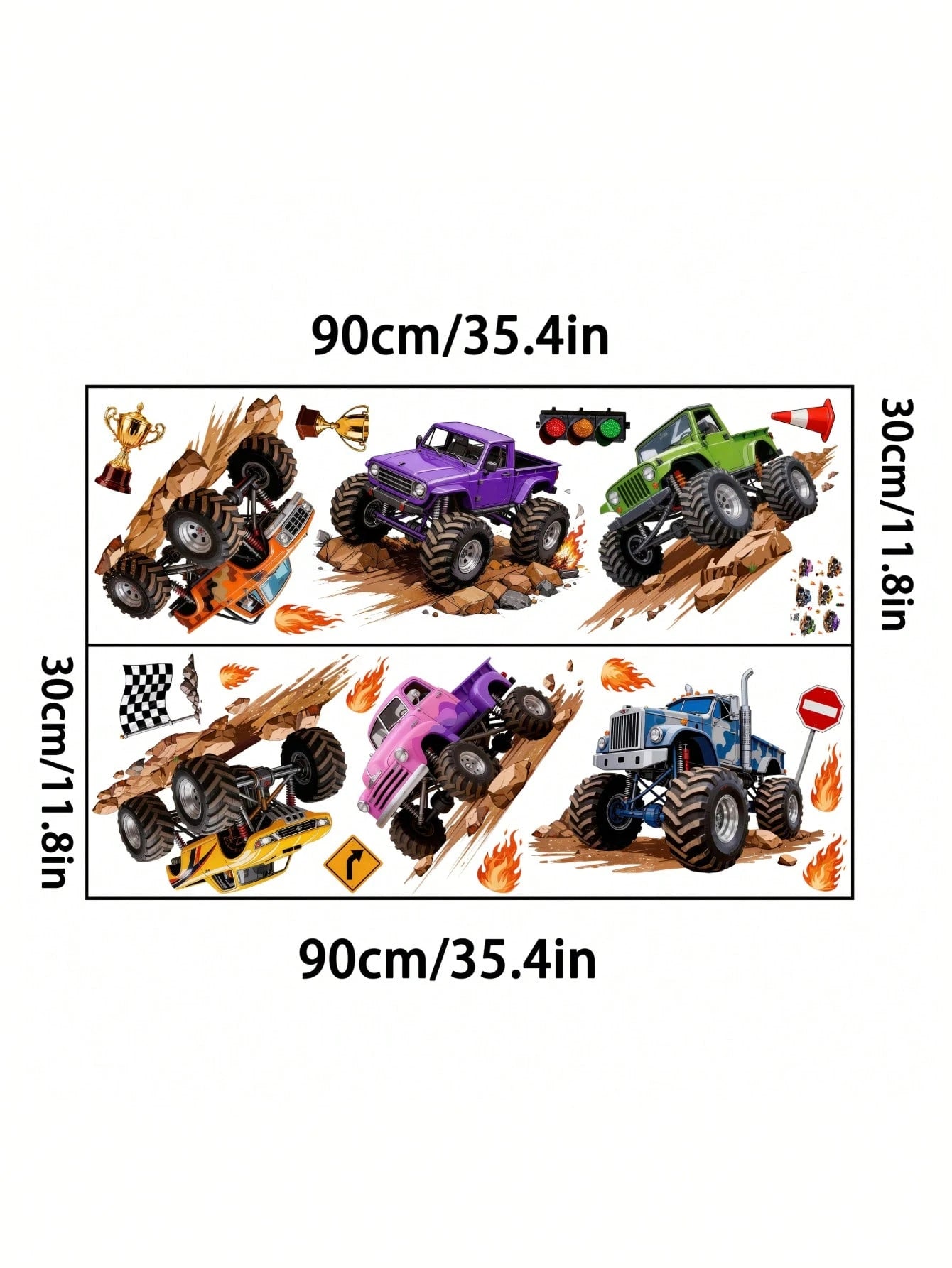 Wall Decals With Monster Trucks In Watercolor, Pink And Purple, Stickers For Boys' Toddler Rooms