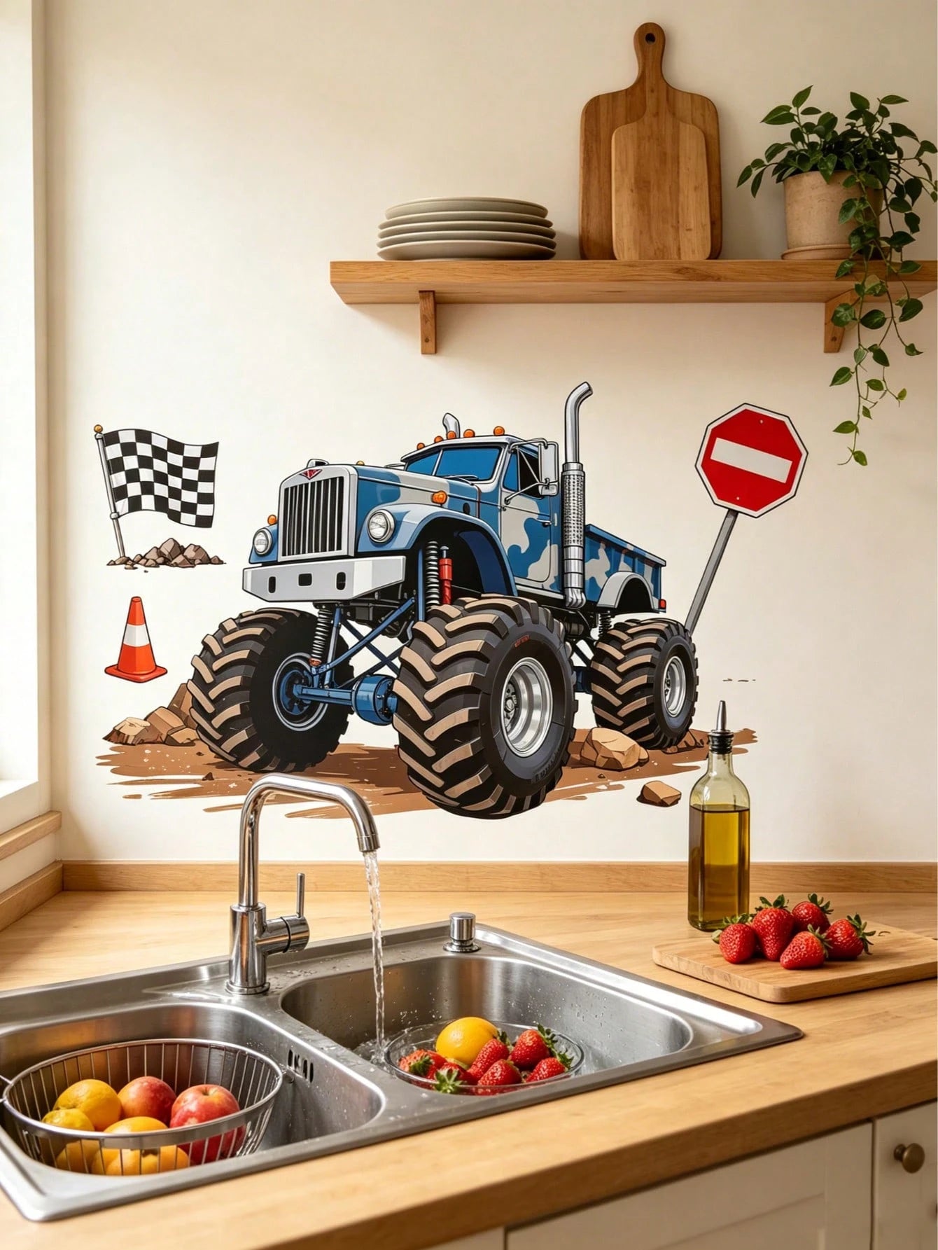 Wall Decals With Monster Trucks In Watercolor, Pink And Purple, Stickers For Boys' Toddler Rooms