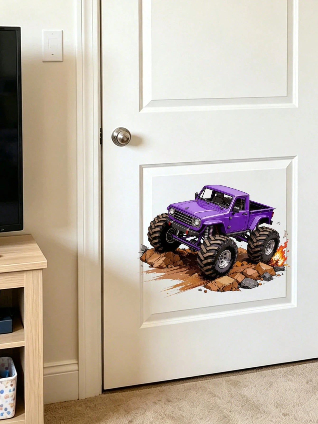 Wall Decals With Monster Trucks In Watercolor, Pink And Purple, Stickers For Boys' Toddler Rooms