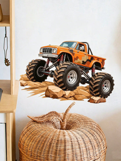 Wall Decals With Monster Trucks In Watercolor, Pink And Purple, Stickers For Boys' Toddler Rooms