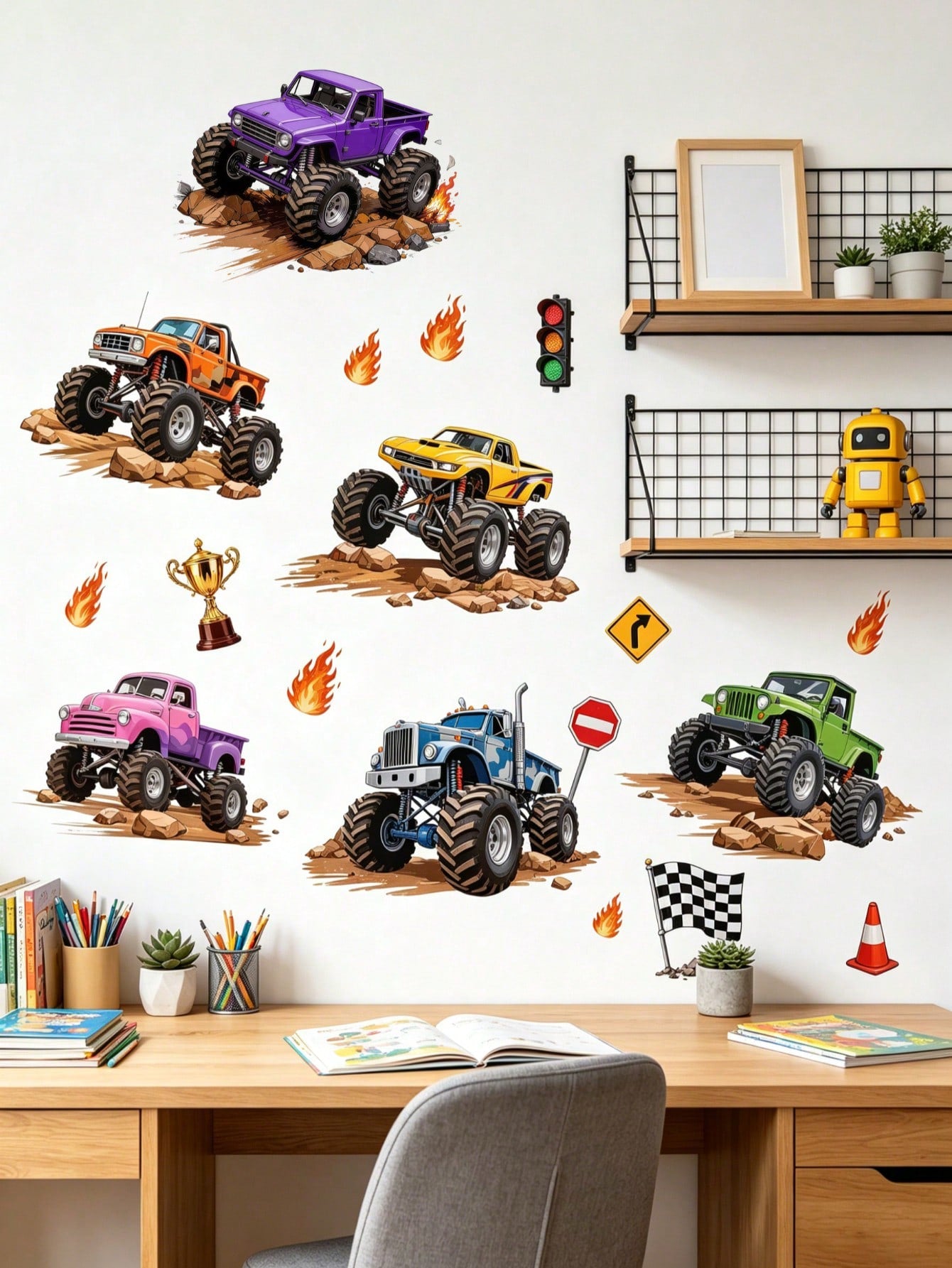 Wall Decals With Monster Trucks In Watercolor, Pink And Purple, Stickers For Boys' Toddler Rooms