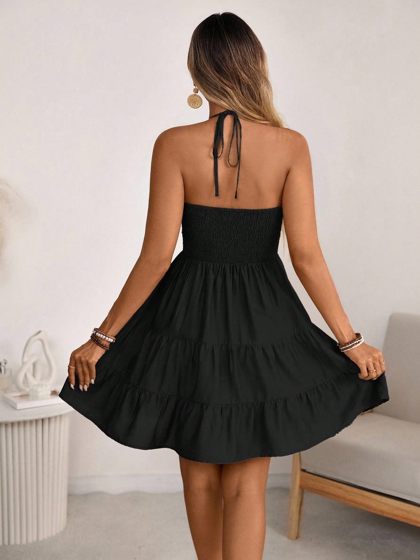 Wandoria Women's Black Summer Boho Holiday Vacation Dress,Chic Single Silk Bamboo Knot Casual Beach Dress With Shirred Ruched Front,Tiered Skirt,Open Back