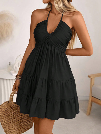 Wandoria Women's Black Summer Boho Holiday Vacation Dress,Chic Single Silk Bamboo Knot Casual Beach Dress With Shirred Ruched Front,Tiered Skirt,Open Back