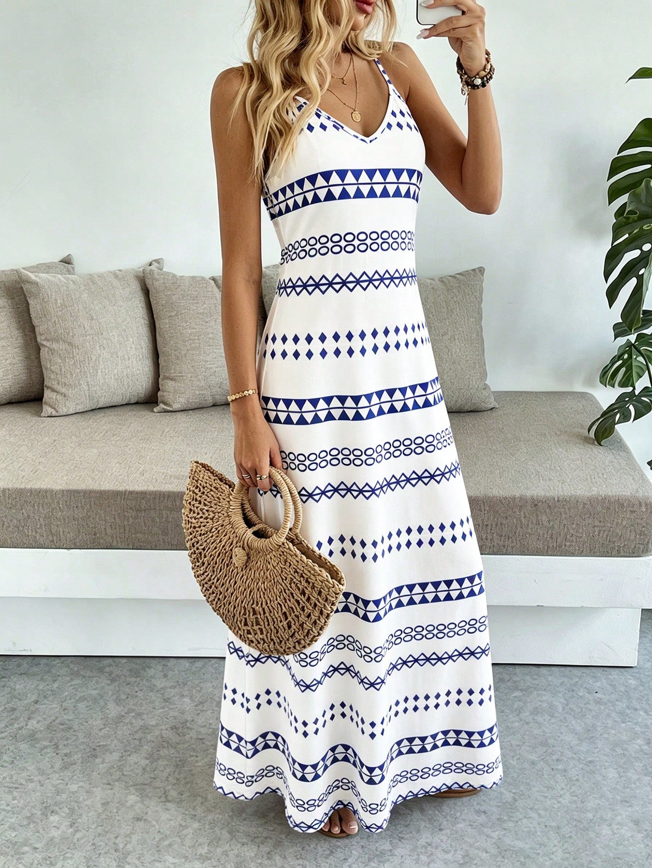 Wandoria Women's Casual Vacation Bohemian Style Geometric Print Camisole Dress