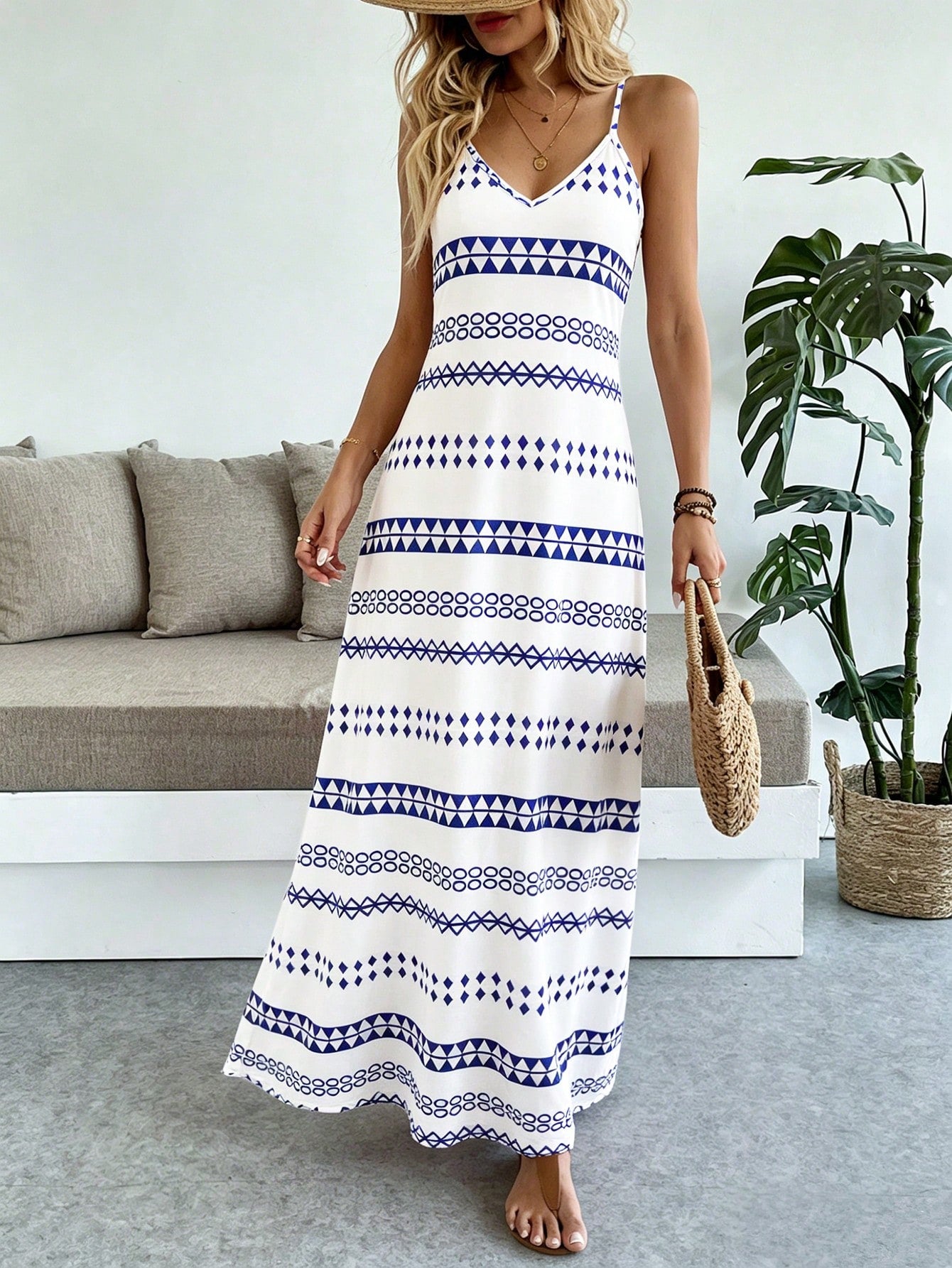 Wandoria Women's Casual Vacation Bohemian Style Geometric Print Camisole Dress