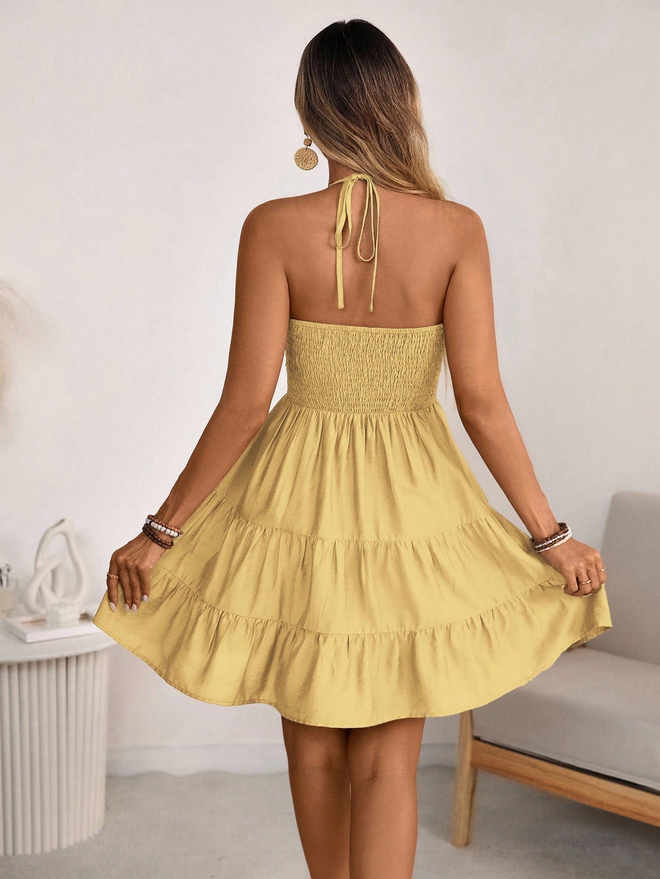 Wandoria Women's Shirred Pleated Front Ruffled Layered Swing Maxi Dress For Beach Holiday, Bohemian Style, Adjustable Halter Tie Back, Plus Size