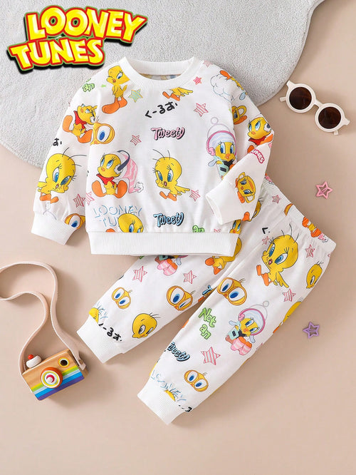 Warner Bros Baby Boy Cartoon Print Sweatshirt & Pants Set, Casual Daily Outfit