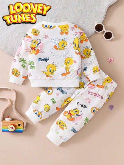 Warner Bros Baby Boy Cartoon Print Sweatshirt & Pants Set, Casual Daily Outfit