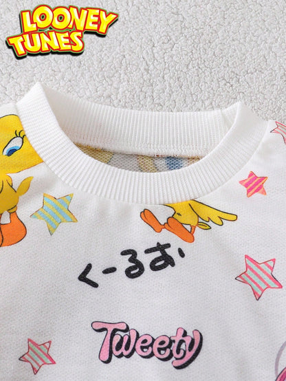 Warner Bros Baby Boy Cartoon Print Sweatshirt & Pants Set, Casual Daily Outfit