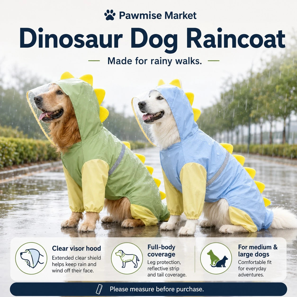Waterproof Dog Raincoat Dinosaur Costume For Large Dogs, Full Body Coverage With 4 Legs & Tail Hoodie For Golden Retriever, Labrador