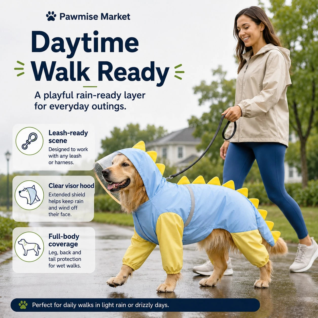Waterproof Dog Raincoat Dinosaur Costume For Large Dogs, Full Body Coverage With 4 Legs & Tail Hoodie For Golden Retriever, Labrador