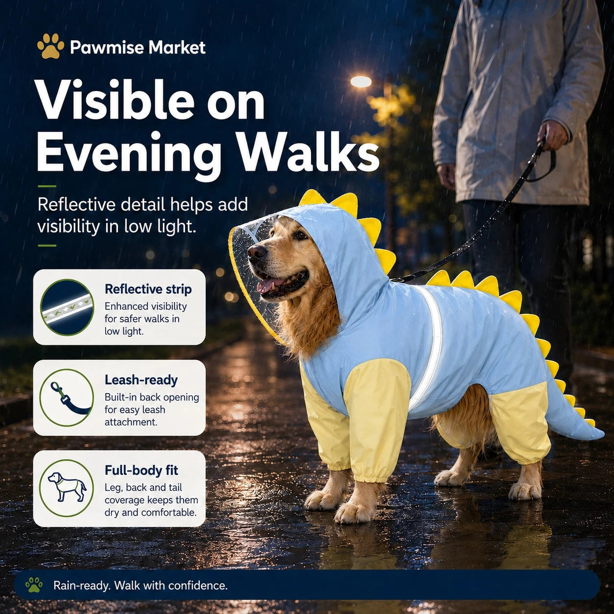Waterproof Dog Raincoat Dinosaur Costume For Large Dogs, Full Body Coverage With 4 Legs & Tail Hoodie For Golden Retriever, Labrador