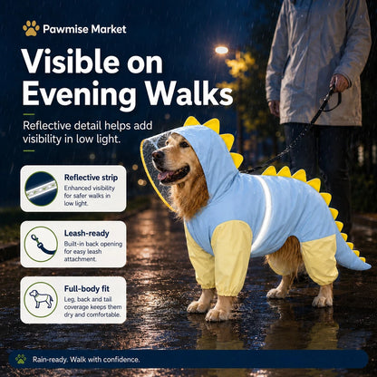 Waterproof Dog Raincoat Dinosaur Costume For Large Dogs, Full Body Coverage With 4 Legs & Tail Hoodie For Golden Retriever, Labrador