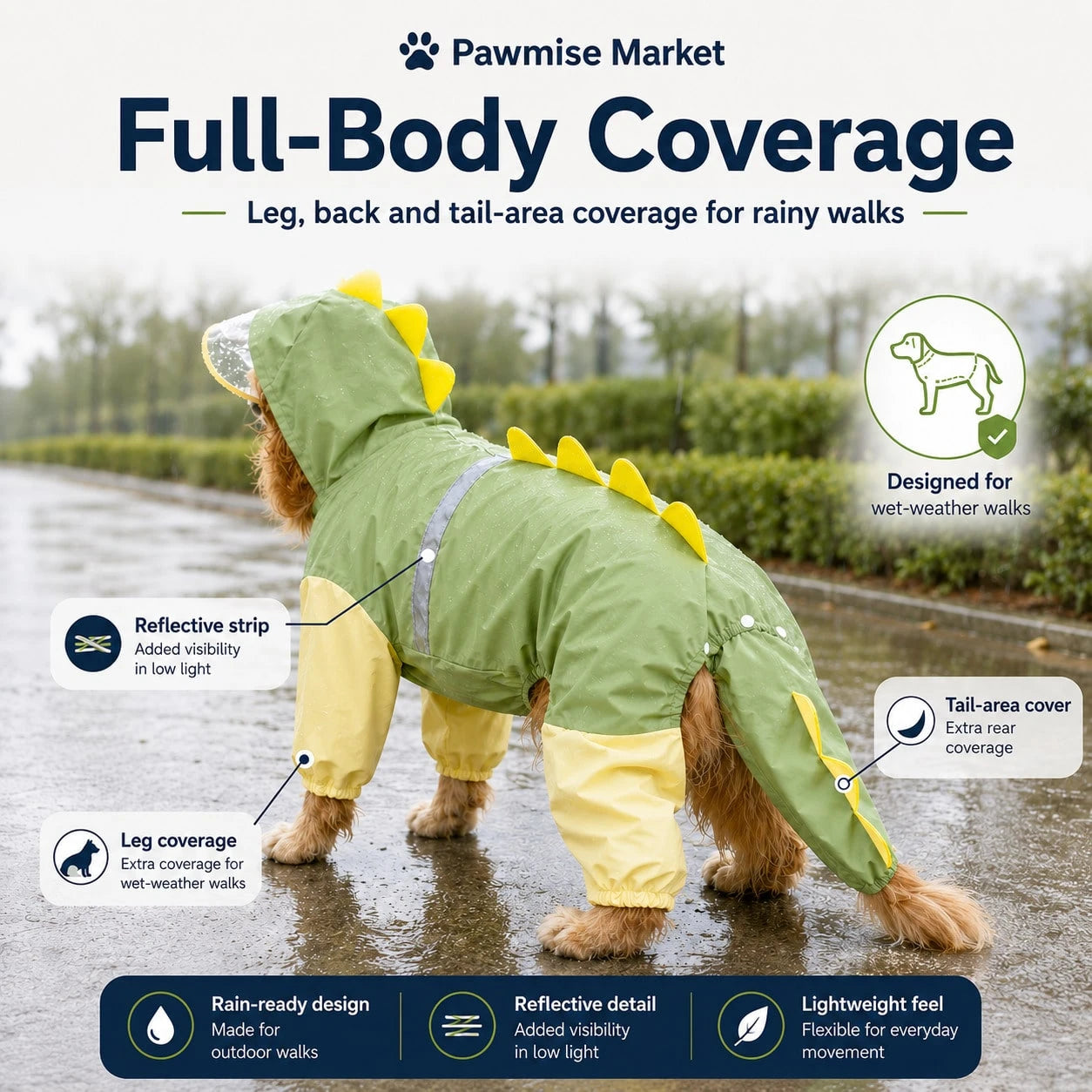 Waterproof Dog Raincoat Dinosaur Costume For Large Dogs, Full Body Coverage With 4 Legs & Tail Hoodie For Golden Retriever, Labrador