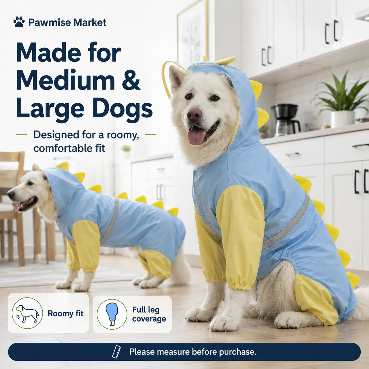 Waterproof Dog Raincoat Dinosaur Costume For Large Dogs, Full Body Coverage With 4 Legs & Tail Hoodie For Golden Retriever, Labrador