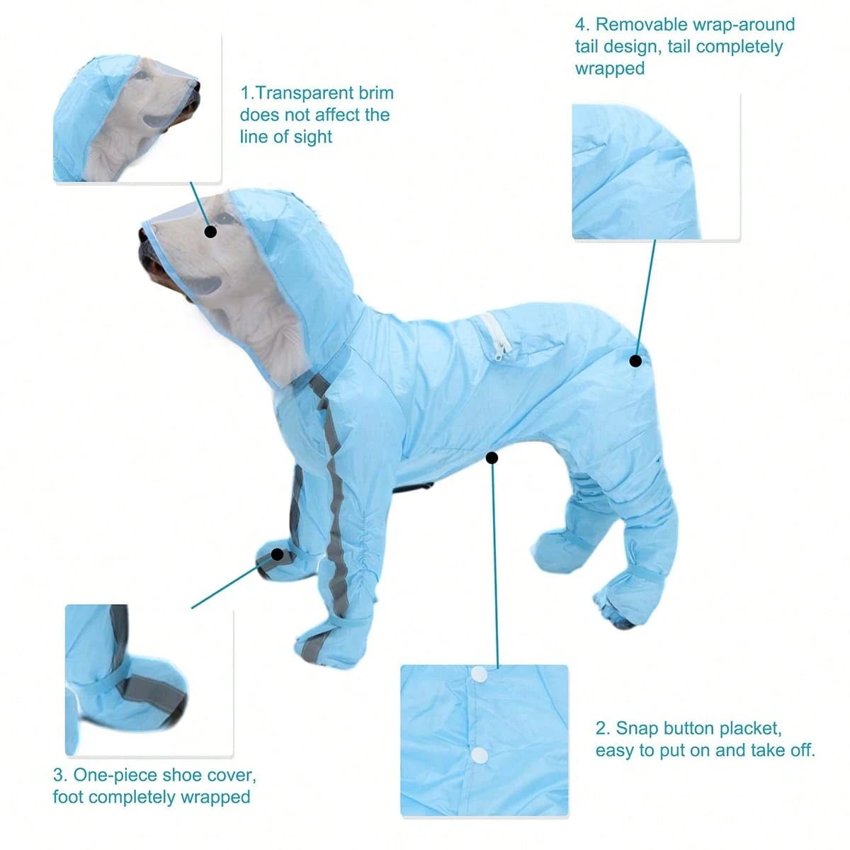 Waterproof Full Coverage Dog Raincoat With Reflective Strips, Non-Slip Boots, Storage Bag, Blue Puppy Raincoat Set, Outdoor Travel Gift, Large Size For Added Comfort And Longer Use As Dog Grows, Diffe