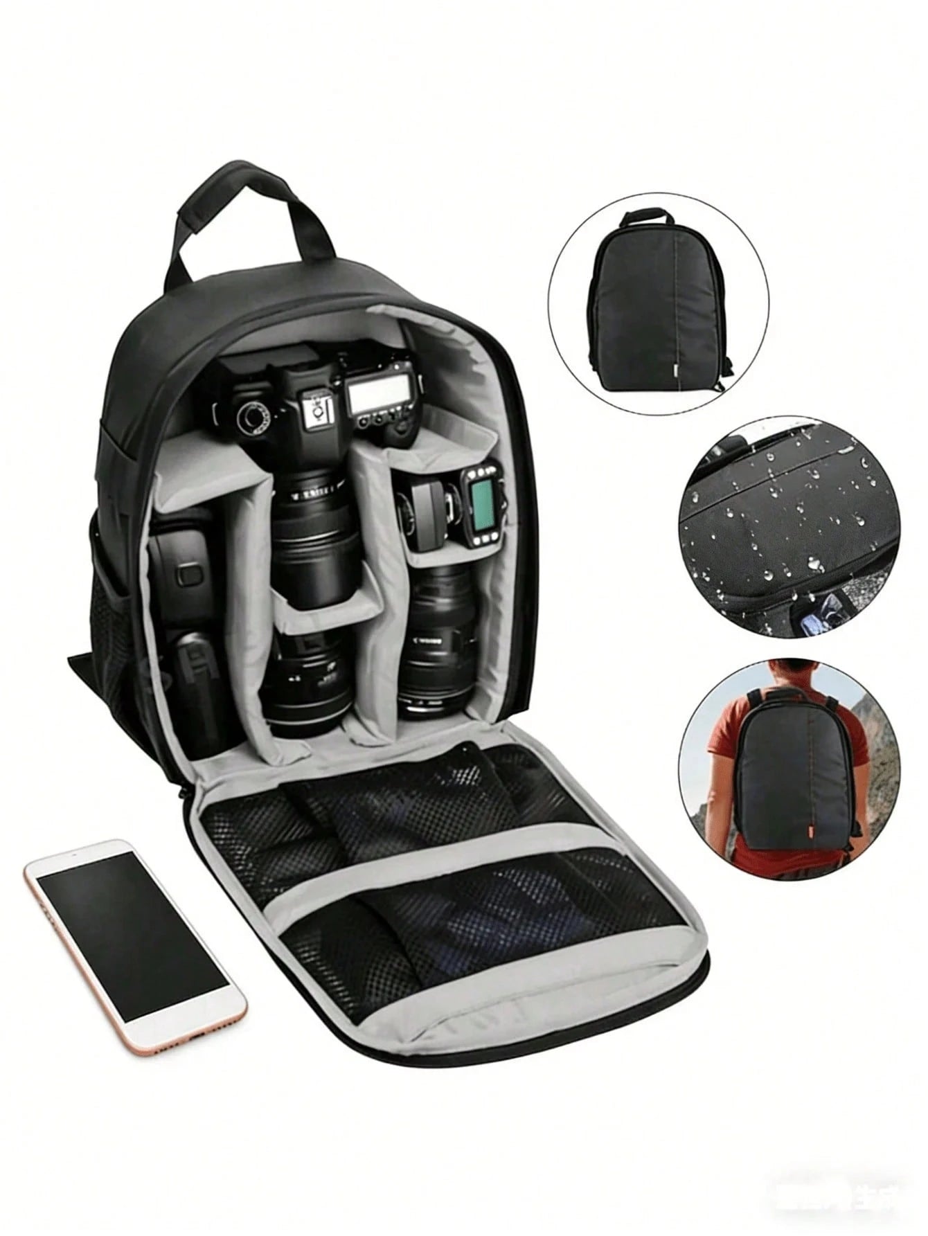 Waterproof Shockproof Camera Backpack With Custom Divider Padded Compartments, Lightweight DSLR Lens Storage Rucksack For Photography Outdoor Hiking