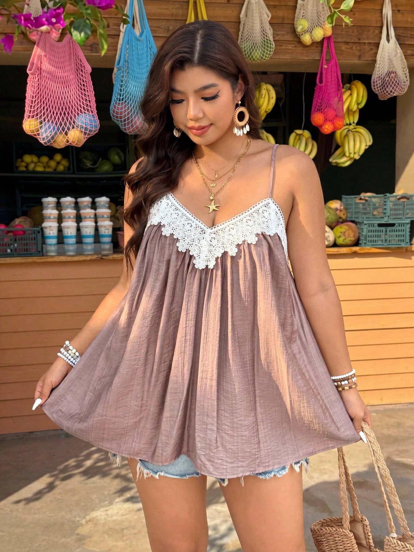 Weeklong Plus Size Linen-Like Fabric Hollow Lace Trim Loose Straight Camisole Tank Top, Casual Outdoor, Date, Party, Beach Holiday