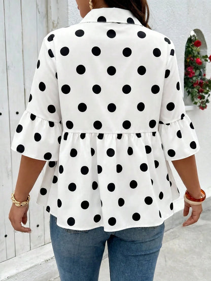 Weeklong Plus Size Two-Tone Polka Dot Collared Ruffle Sleeve 3/4 Sleeve Button-Down Flare Hem Top, Elegant Women's Top For Outings, Dates, Gatherings, Daily Wear And Commuting