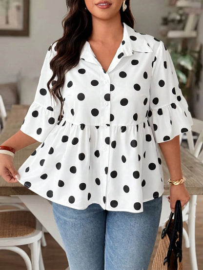 Weeklong Plus Size Two-Tone Polka Dot Collared Ruffle Sleeve 3/4 Sleeve Button-Down Flare Hem Top, Elegant Women's Top For Outings, Dates, Gatherings, Daily Wear And Commuting