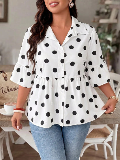 Weeklong Plus Size Two-Tone Polka Dot Collared Ruffle Sleeve 3/4 Sleeve Button-Down Flare Hem Top, Elegant Women's Top For Outings, Dates, Gatherings, Daily Wear And Commuting