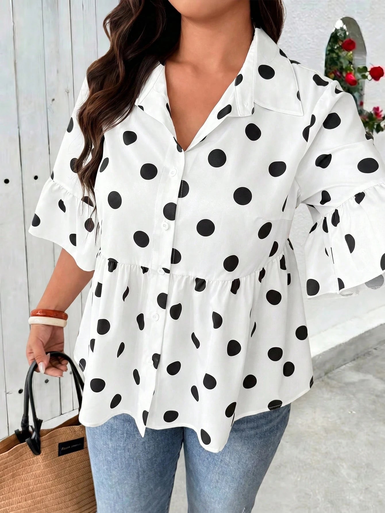Weeklong Plus Size Two-Tone Polka Dot Collared Ruffle Sleeve 3/4 Sleeve Button-Down Flare Hem Top, Elegant Women's Top For Outings, Dates, Gatherings, Daily Wear And Commuting