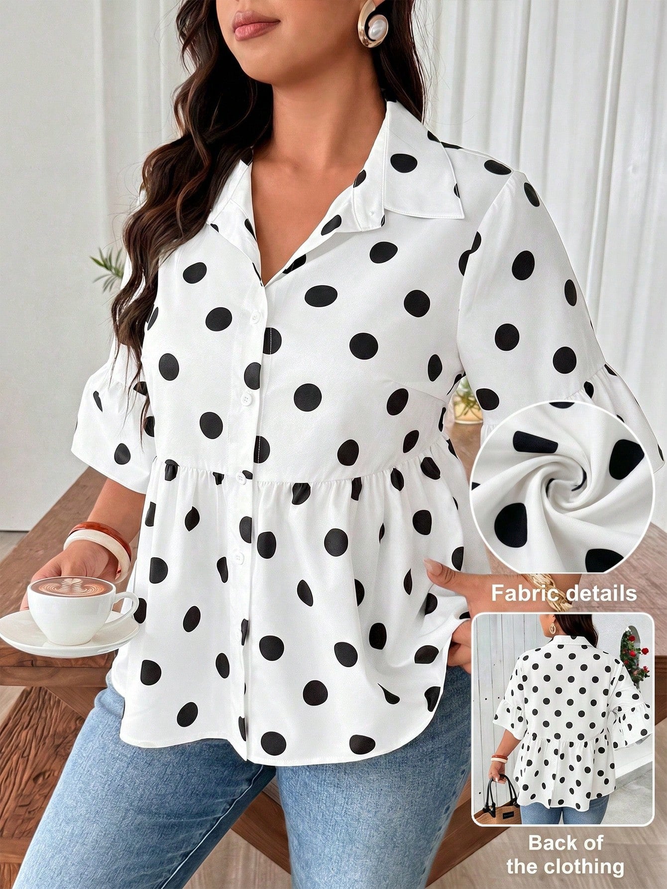 Weeklong Plus Size Two-Tone Polka Dot Collared Ruffle Sleeve 3/4 Sleeve Button-Down Flare Hem Top, Elegant Women's Top For Outings, Dates, Gatherings, Daily Wear And Commuting