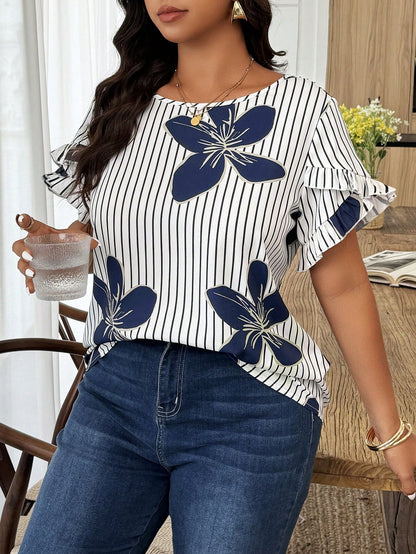 Weeklong Plus Size Women's Casual Elegant Floral Puff Sleeve Striped Printed Vacation Shirt, Spring/Summer Evening Office White Chic